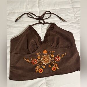 ROMWE Brown Halter Crop Top with embroidered flowers 
Never worn, like new